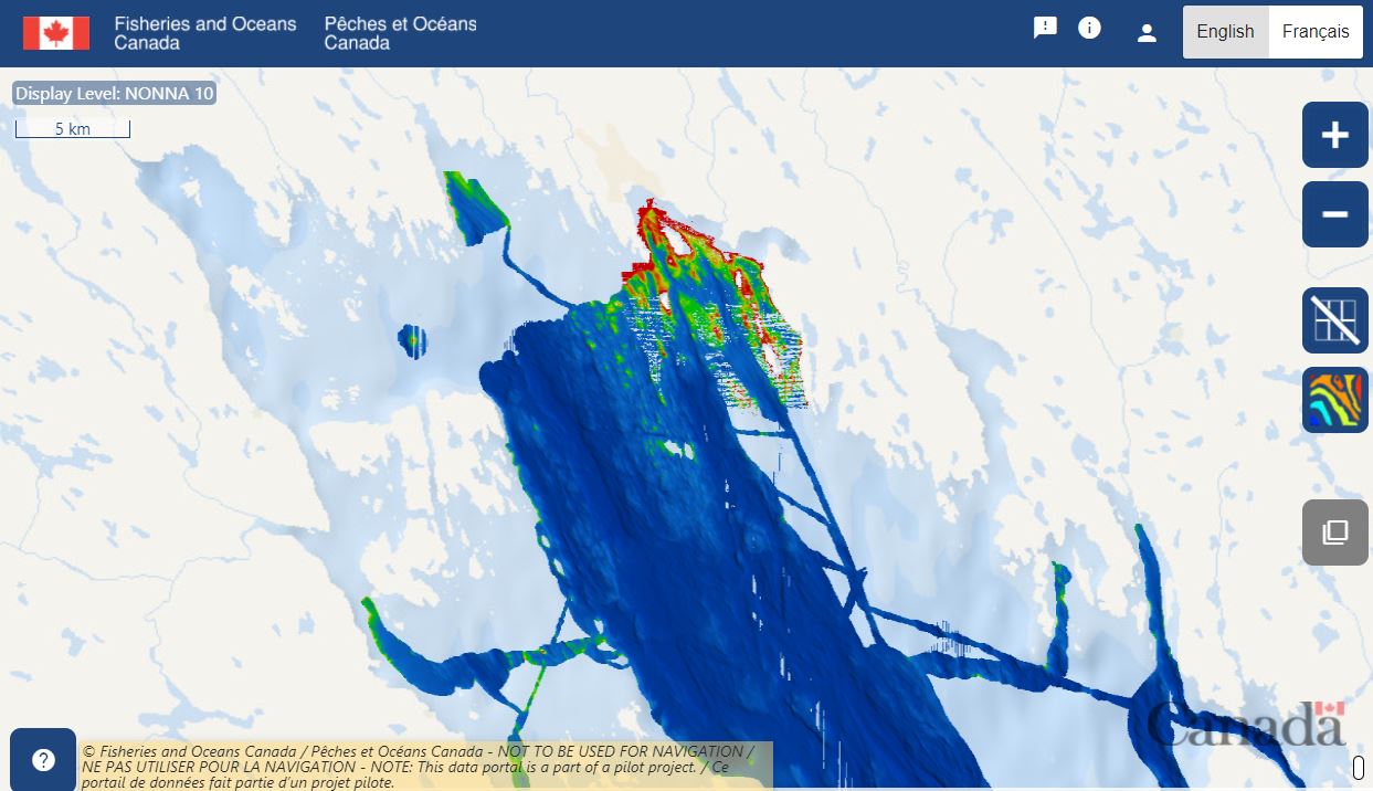 Portail de données NONNA du SHC montrant la baie de Frobisher, qui mène à Iqaluit.